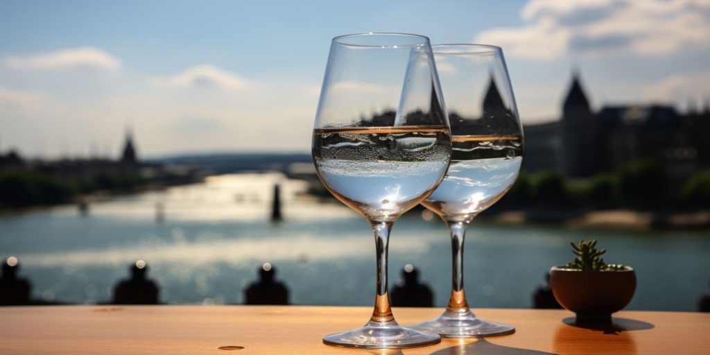 Two tasting glasses of Plymouth gin on a table ouside in the sunshine with a typical Plymouth city scene in the background
