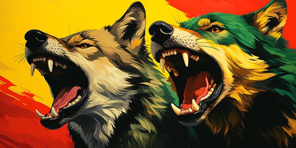 Classic colour illustration of a pack of wolves in Portugal flag colours