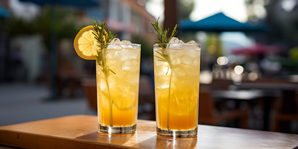 Two German Radler cocktails outside on a wooden table on a sunny day