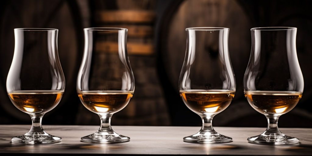 Four tasting glasses of Reserve gin in a dimly lit vat cellar with wooden casks visible in the background