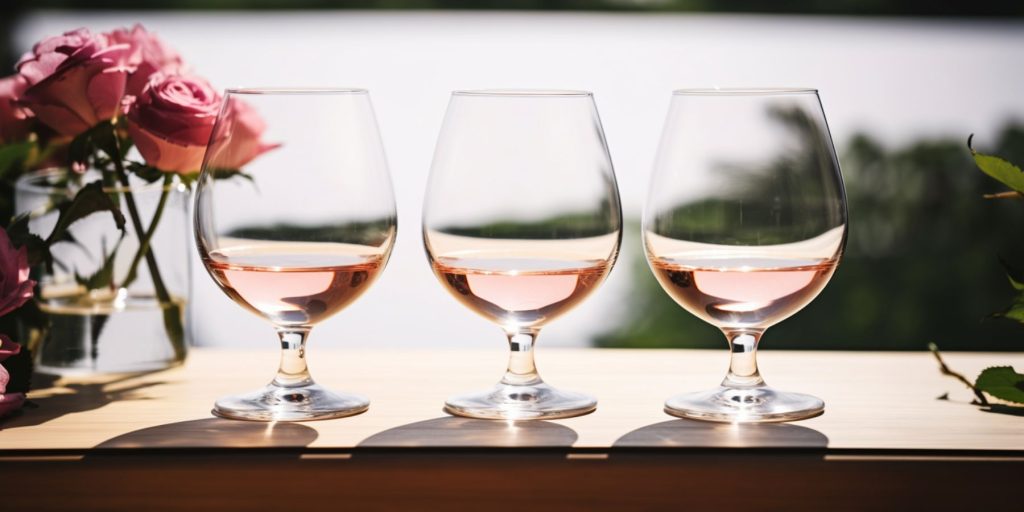 Three tasting glasses of rose gin on a window sill with a vase of pink roses next to it 