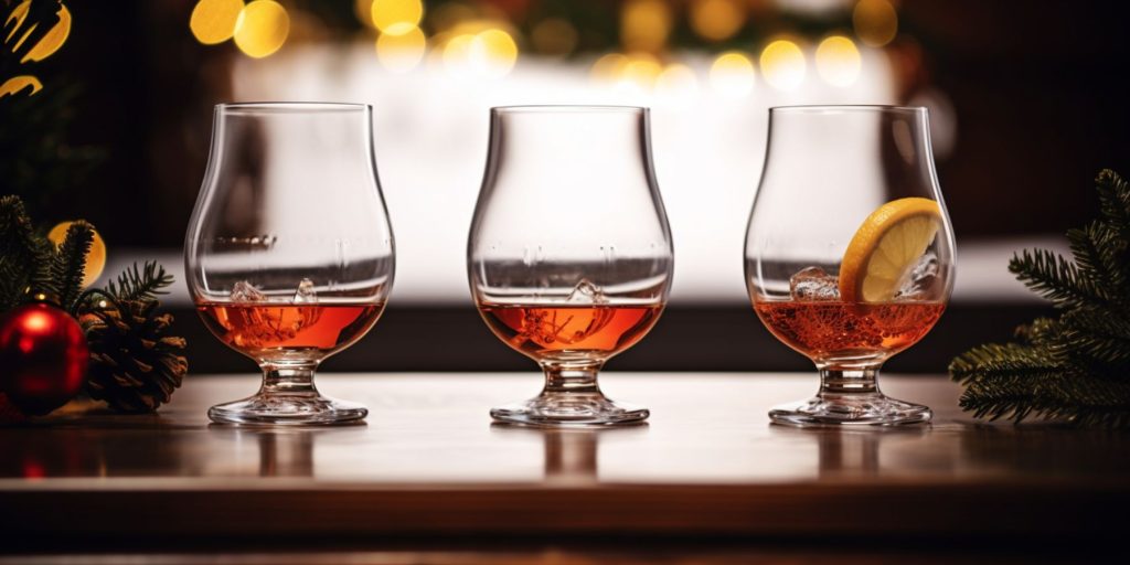 Three tasting glasses of sloe gin on a table in a room dressed for a festive Christmas gettogether 