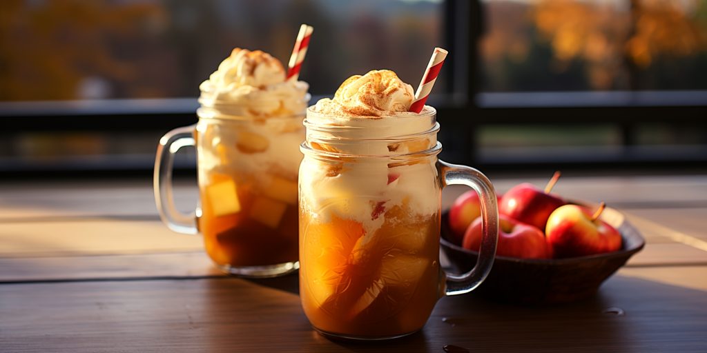 Two Apple Cider Floats in mason jar mugs on a table in a light, bright home kitchen