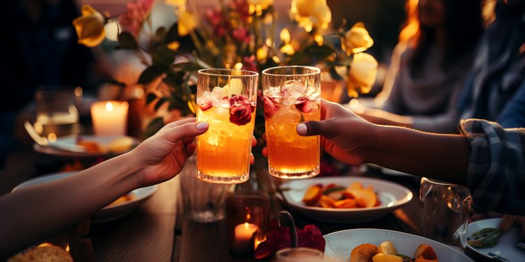 Close up of the hands of two friends clinking Thanksgiving mocktails against a festive and inviting fall decorated background