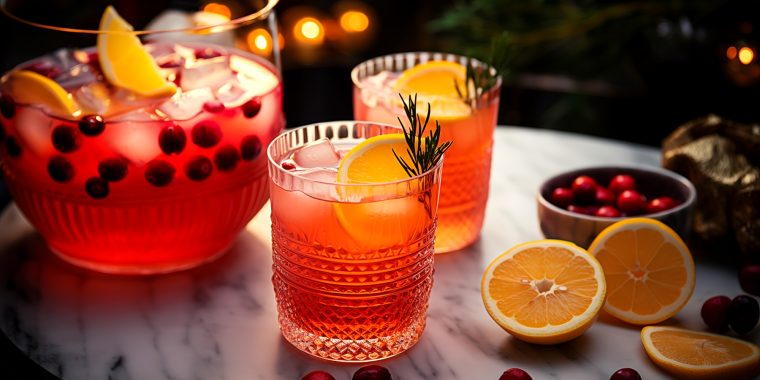 Two glasses of refreshing Holiday Punch on a kitchen counter in a light bright home setting