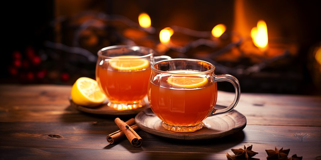 Two cosy cups of Hot Spiced Tea on a wooden table in a room decorated for the holidays