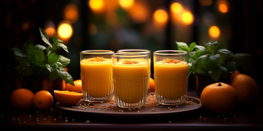 Three glasses of Pumpkin Smoothie on a tray in a room decorated for the festive season