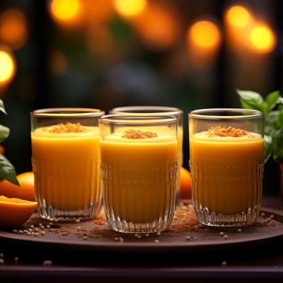 Three glasses of Pumpkin Smoothie on a tray in a room decorated for the festive season