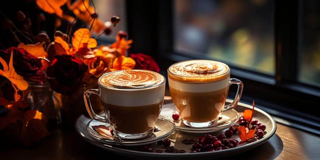 Two cups of Pumpkin Spice Latte on a tray next to window with autumn decorations