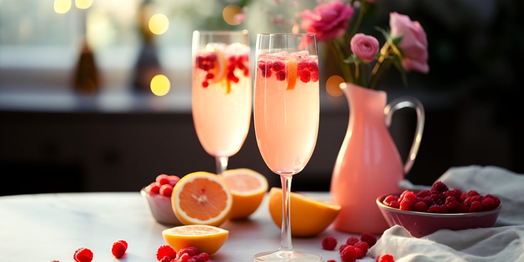 Two flutes of Virgin Cranberry Mojito on a table with a white tablecloth decorated with a vase of pink roses