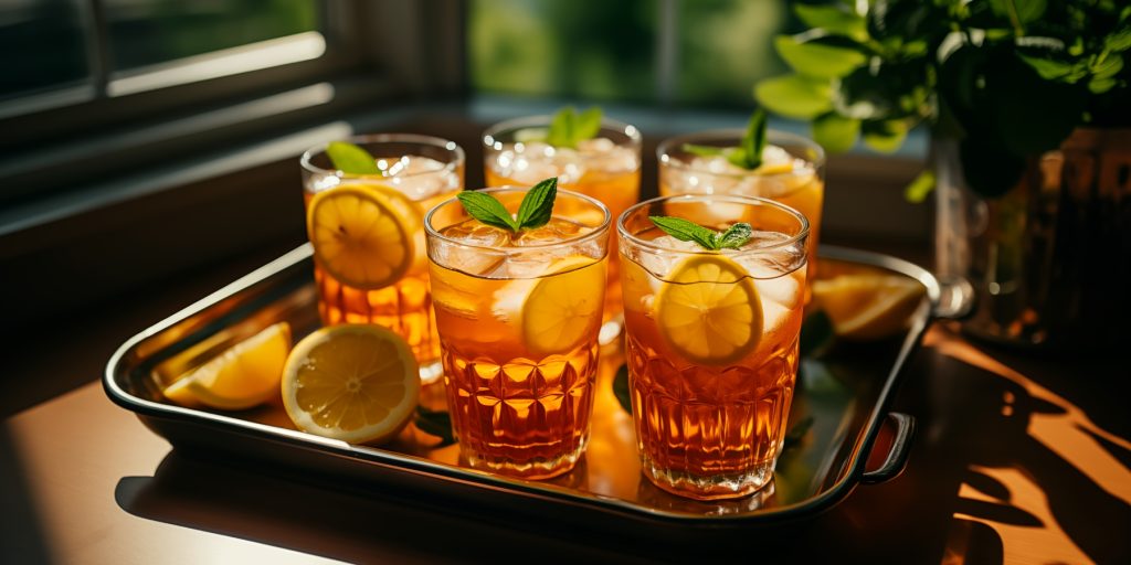 A tray of Sweet Tea on a silver tray in a pretty daytime outdoor setting