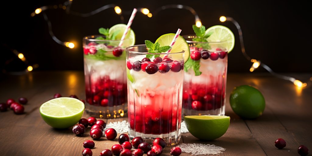 Three Virgin Cranberry Mojitos in a festive setting