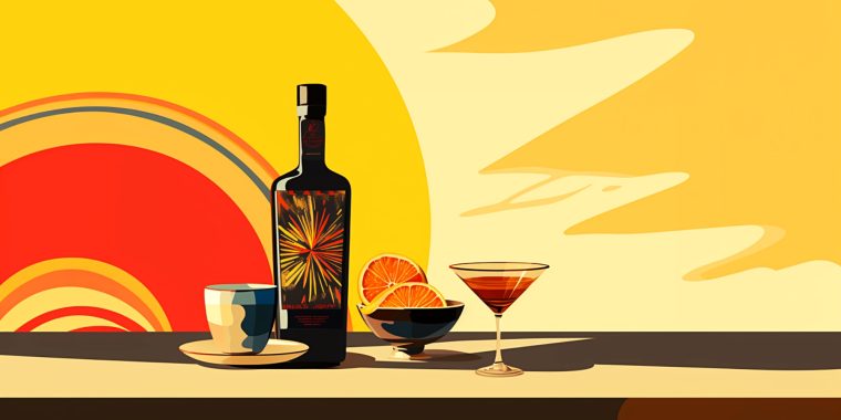 Colour illustration of a bottle of coffee tequila next to a coffee tequila cocktail
