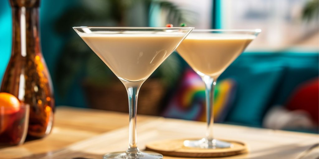 Two Banana Split Martini cocktails on a table in a light bright home kitchen