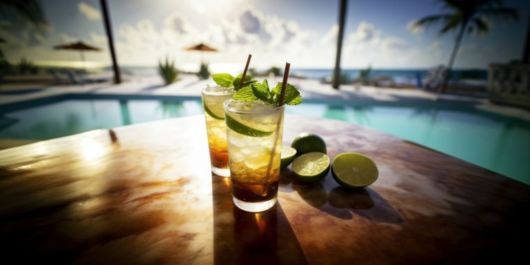 Two dark rum cocktails on a table outside next to a pool overlooking the ocean on a sunny day