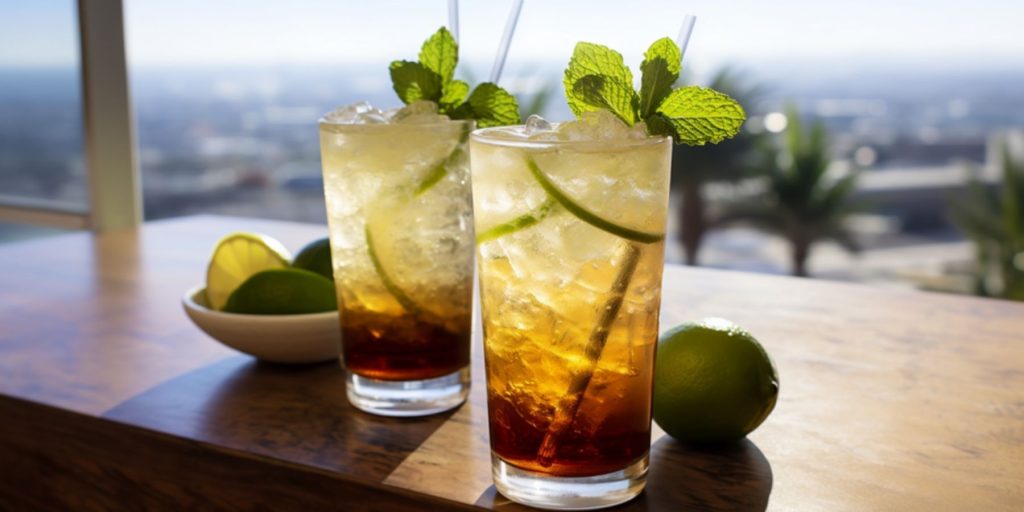 Close up of two glasses of Mojito with Dark Rum on a table overlooking an oceanscape beyond on a clear and sunny day