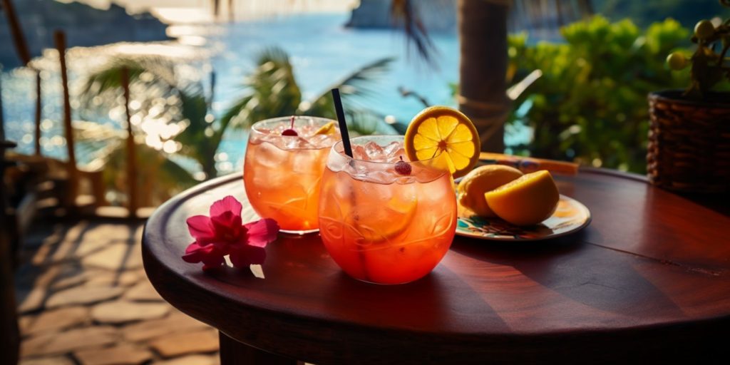 Two Drunken Monkey cocktails on a table outside on a tropical veranda overlooking the ocean on a sunny day