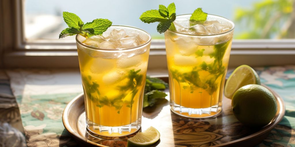 Two Gold Rum Mojitos on a window sill overlooking the ocean beyond