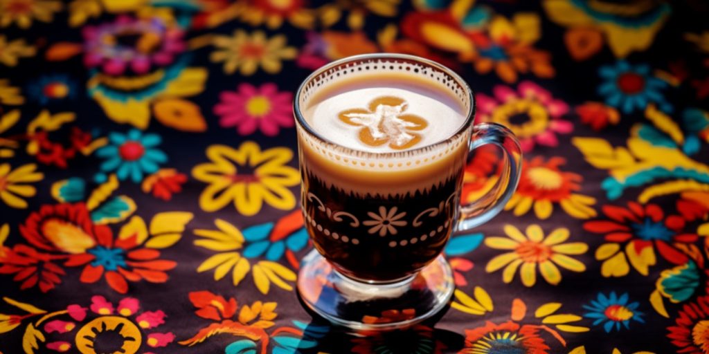 Mexican Coffee Cocktail on a colorful patterened tablecloth on a sunny day