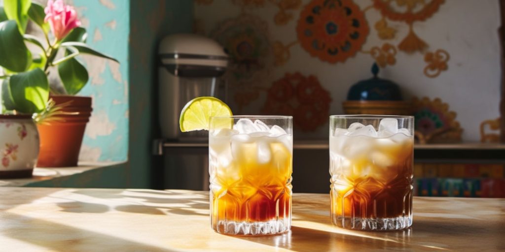 Two Mexican White Russian cocktails on a table in a colorful Mexican kitchen