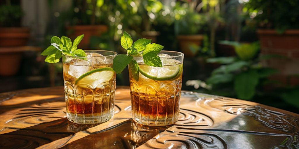 Two Navy Rum Cocktails on a table outside on a carved wooden table in a tropical courtyard in daytime 