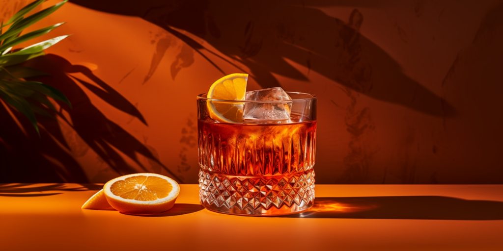 Negroni cocktail in a moody lounge environment with lots of orange accents