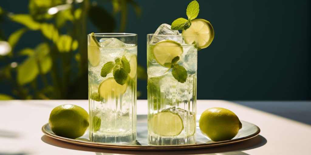 Two Overproof Rum Mojito cocktails on a serving platter on a table covered in white linen