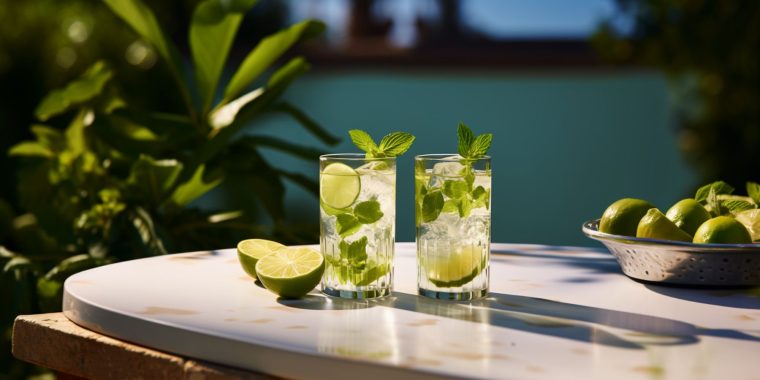 Two refreshing Mojito cocktails on a table outside on a sunny day overlook a clear blue lake in the background