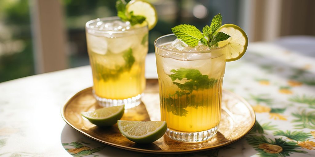Two Spiced Rum Mojitos on a serving platter on a table in a bright home kitchen
