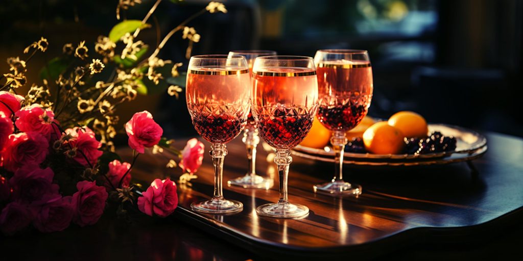 Four Kir Royale Thanksgiving cocktails with blackberry garnish