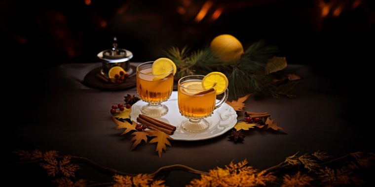 Two cosy Thanksgiving cocktails in a still life environment against a dark backdrop surrounded by leaves and spices redolent of a Thanksgiving feast