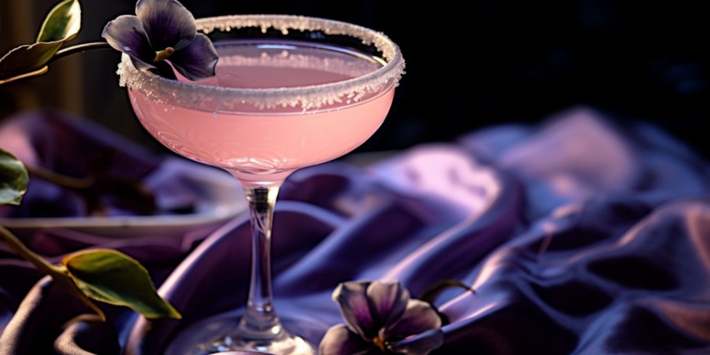 Close up of a Violet Margarita against a retro crushed velvet backdrop