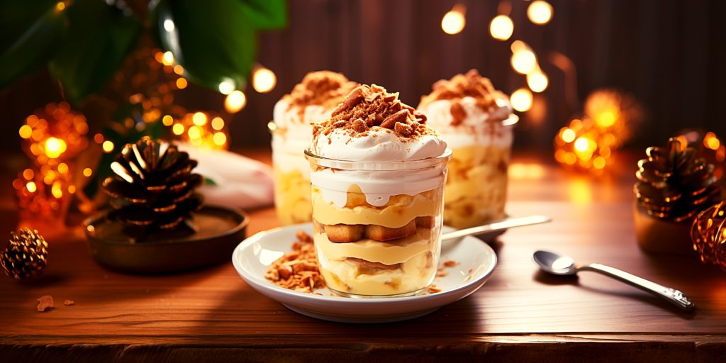 Three glass jars filled with layered boozy banana pudding, festive setting