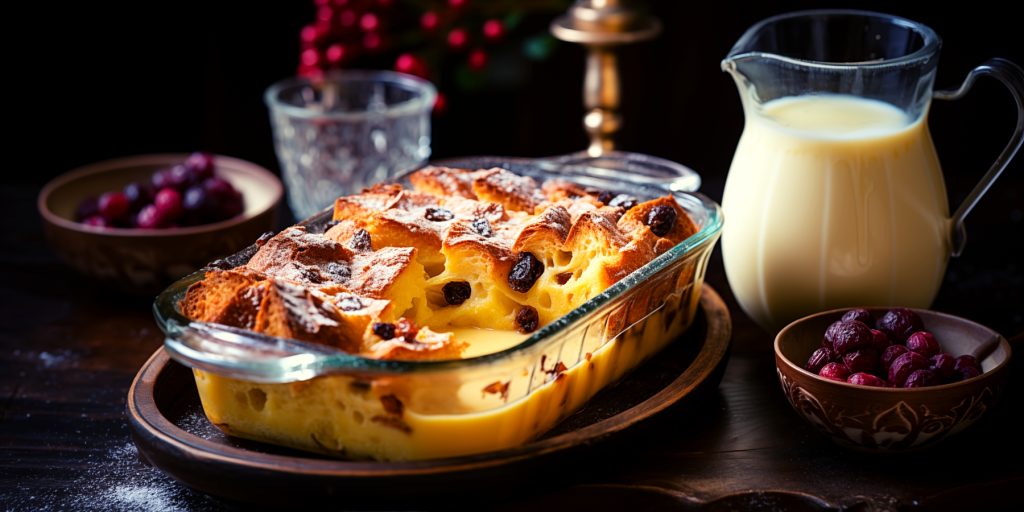 Boozy bread pudding fresh out of the oven served with a jug of creme anglaise