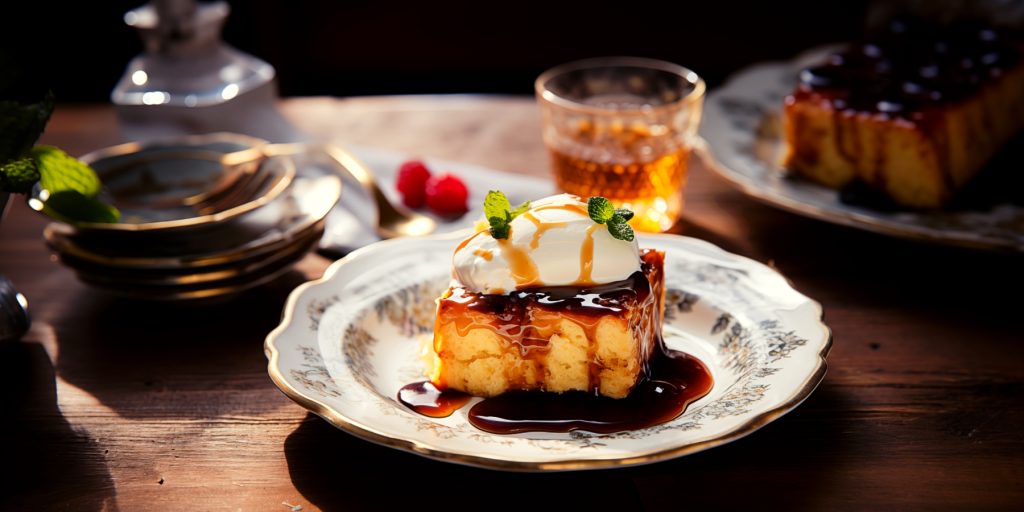 Bourbon and brioche pudding served with ice cream