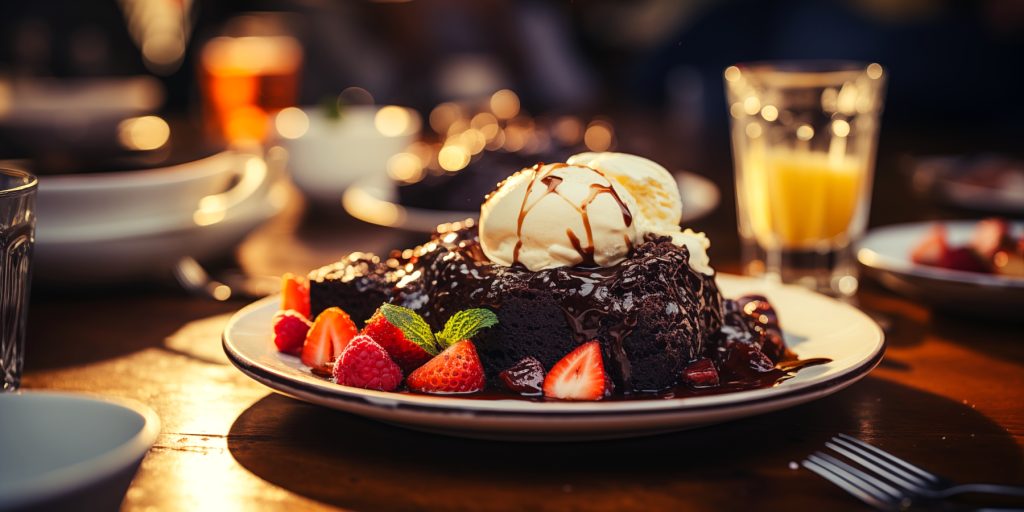 Boozy chocolate pudding served with vanilla ice cream in a festive dinner setting