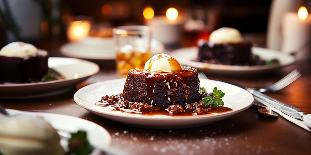 Boozy sticky toffee puddings with ice cream in a festive dinner setting