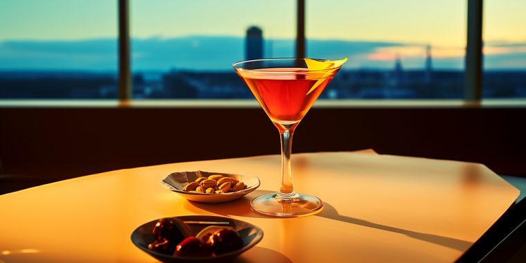 Paper Plane cocktail with a bowl of nuts in an airport setting