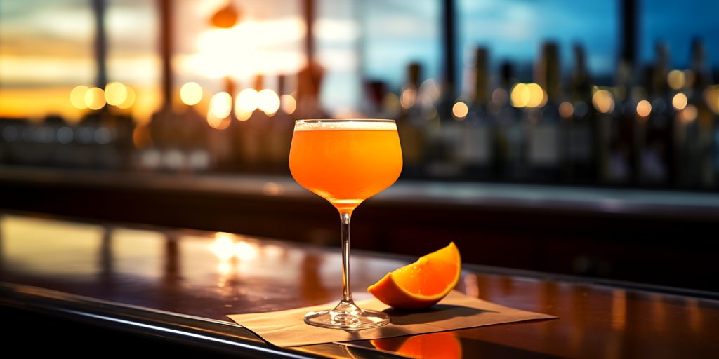 Bright orange Regional Jet Paper Plane cocktail variation served in an airport bar