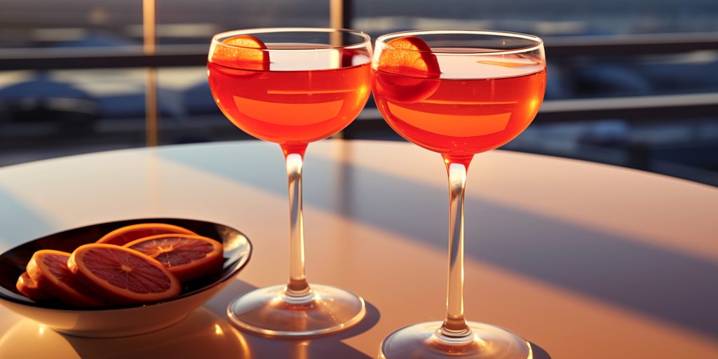 Two Winglet cocktails served with a side of nuts in an Airport bar 