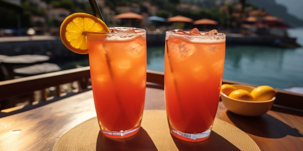 Editorial style image of two Alabama Slammer cocktails on a table outside with a typical scene in Portofino on a sunny day as backdrop