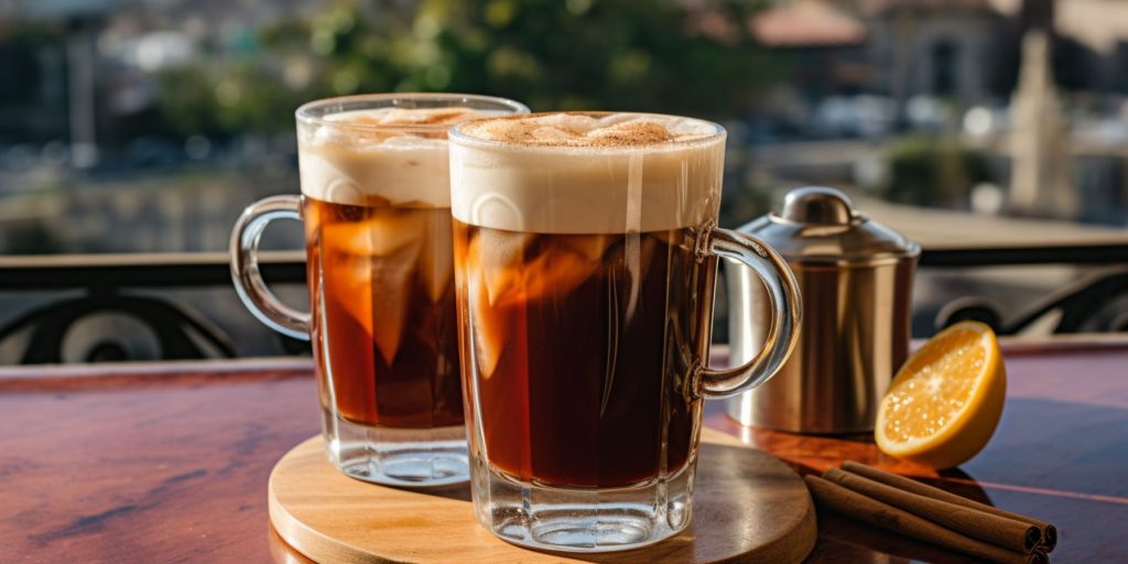 Editorial style image of two Amaretto Coffee cocktails on a table outside with a typical scene in Palermo on a sunny day as backdrop