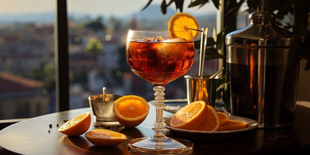 Editorial style image of two Amaretto Sidecar cocktails on a table outside with a typical scene in Naples on a sunny day as backdrop