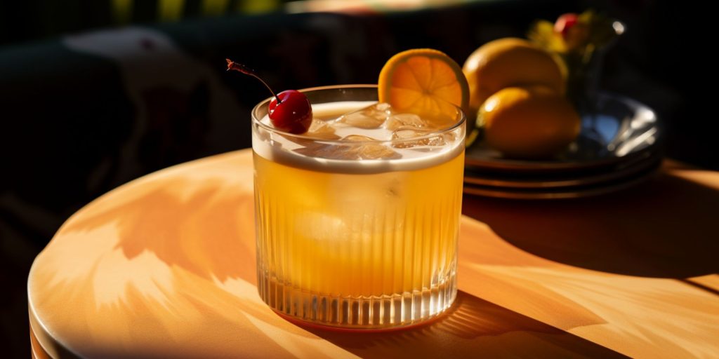 Close up of an Amaretto Sour cocktail on a table in a retro lounge at dusk