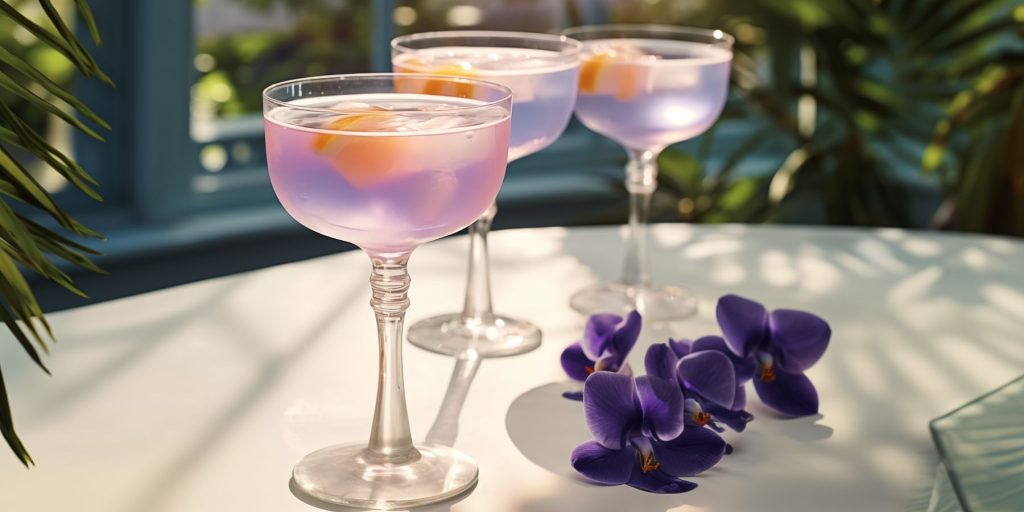 Three Aviation cocktails on a table in a greenhouse on a sunny day, flanked by purple orchids