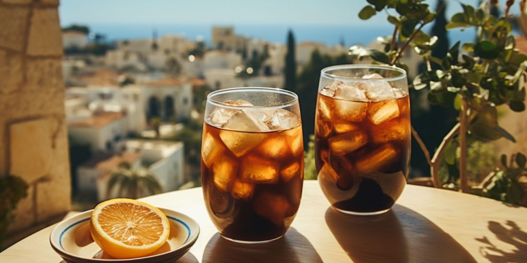 Editorial style image of two Bold Greek Coffee cocktails on a table covered in a traditional Greek style tablecloth on a sunny day, near a window with lots of natural light