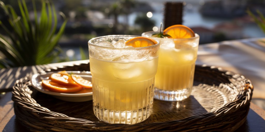 Editorial style image of two Coconut Amaretto Cocktails on a table outside with a typical scene in Sorrento on a sunny day as backdrop 