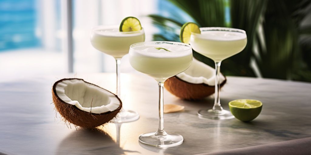 Three creamy Coconut Daiquiri cocktails on a table in a light bright home kitchen in daytime