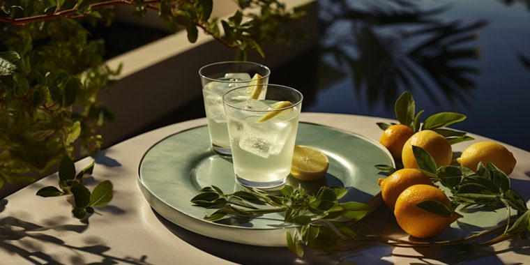 Editorial style image of two Clarified Milk Punch cocktails on a table in a light, bright minimalist home interior in shades of blue