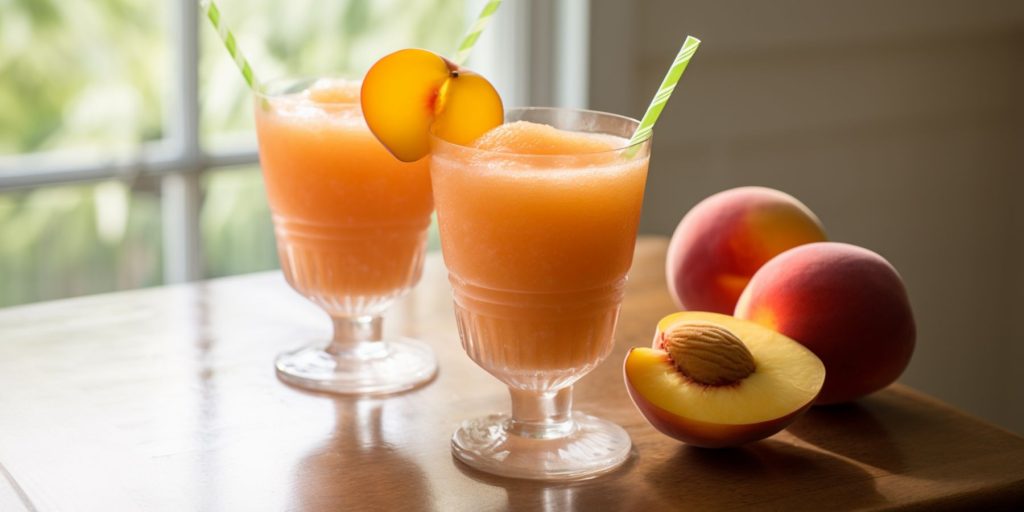 Two Frozen Peach Daiquiris on a table in front of a windown in a home kitchen in daytime